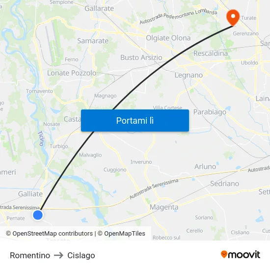 Romentino to Cislago map