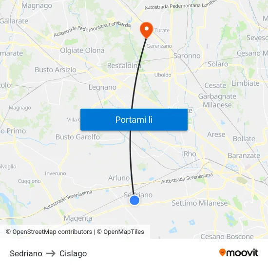 Sedriano to Cislago map