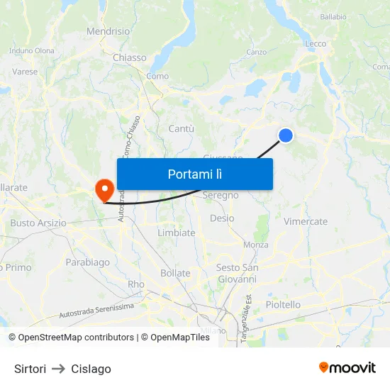 Sirtori to Cislago map