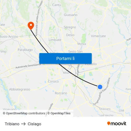Tribiano to Cislago map