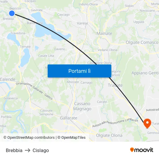 Brebbia to Cislago map
