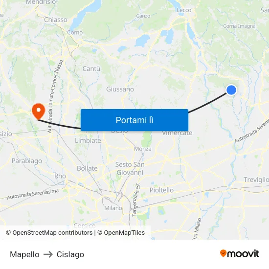 Mapello to Cislago map