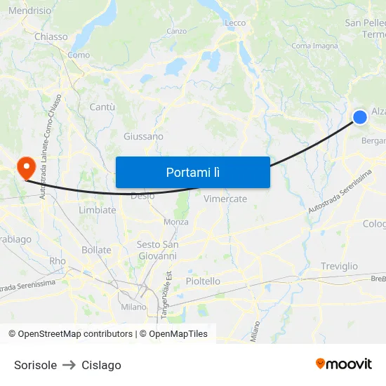 Sorisole to Cislago map