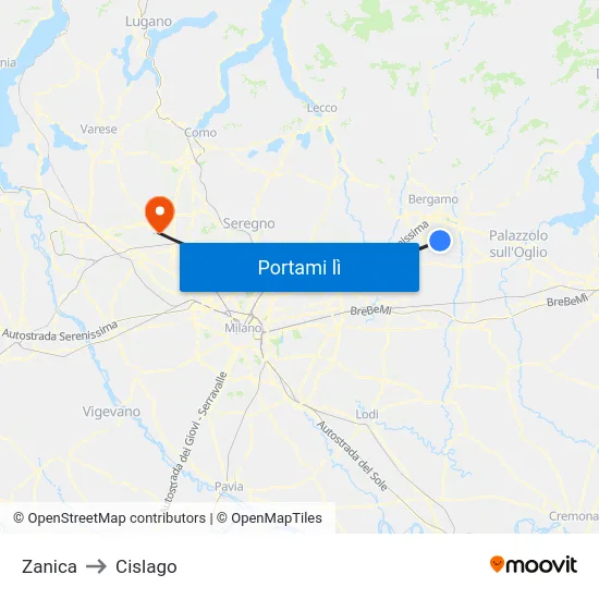 Zanica to Cislago map