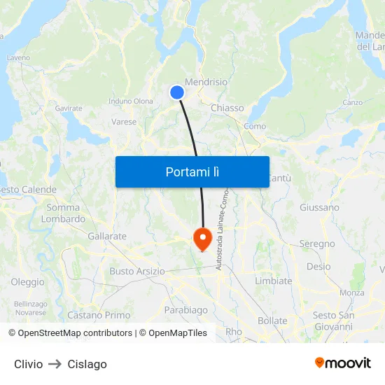 Clivio to Cislago map