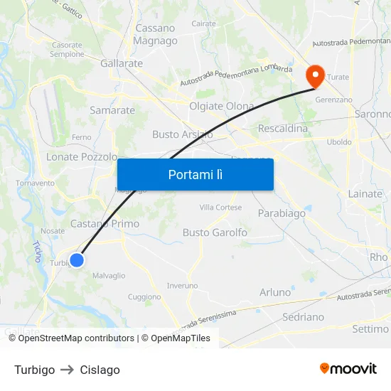 Turbigo to Cislago map