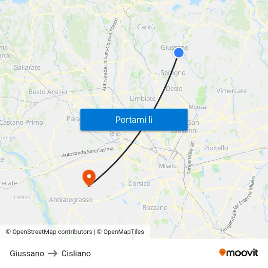 Giussano to Cisliano map