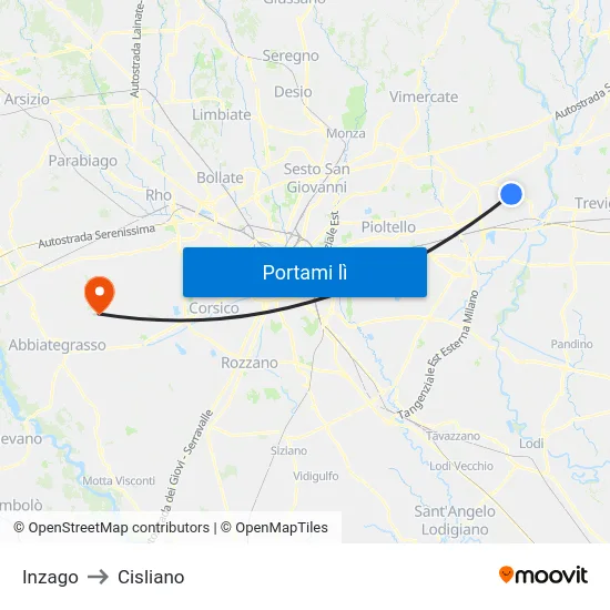 Inzago to Cisliano map