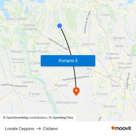 Lonate Ceppino to Cisliano map