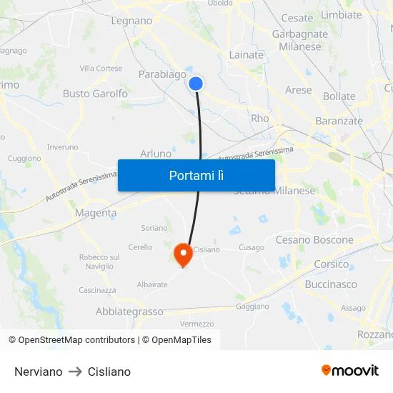 Nerviano to Cisliano map
