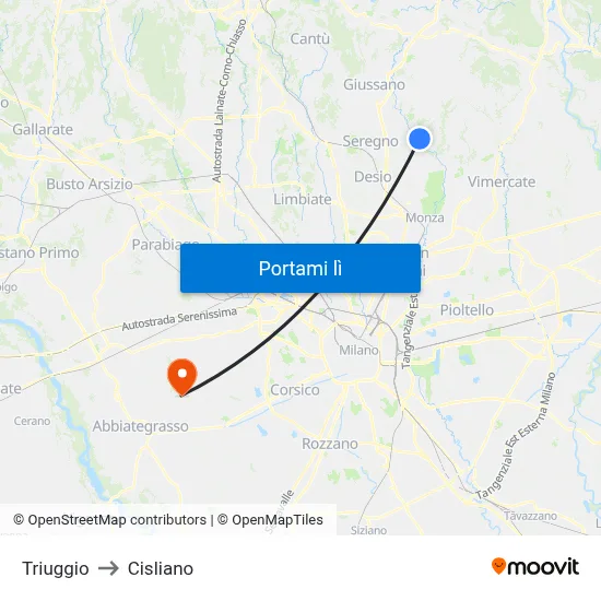 Triuggio to Cisliano map