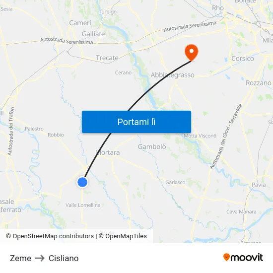 Zeme to Cisliano map