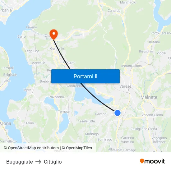 Buguggiate to Cittiglio map