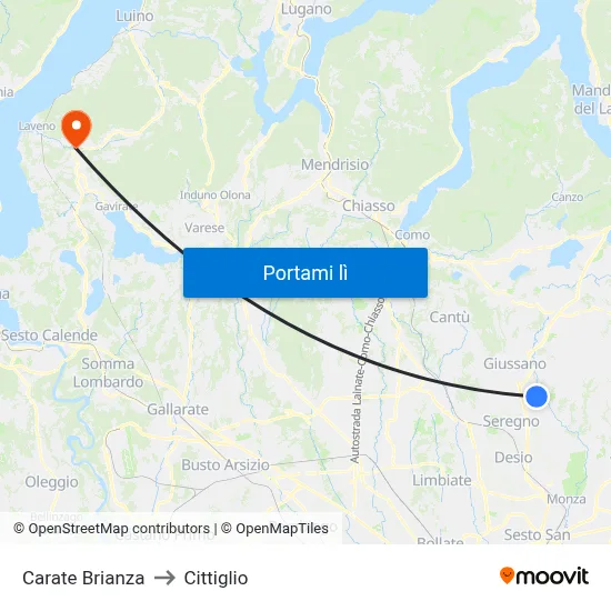 Carate Brianza to Cittiglio map