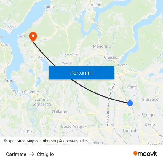 Carimate to Cittiglio map