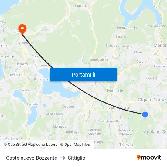 Castelnuovo Bozzente to Cittiglio map