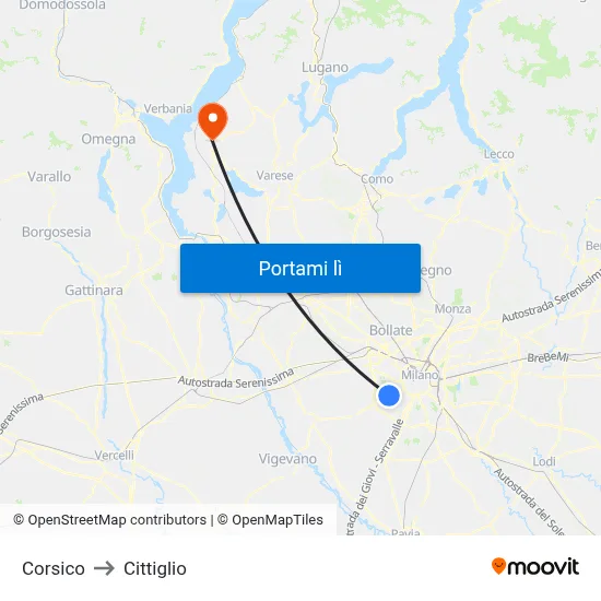 Corsico to Cittiglio map