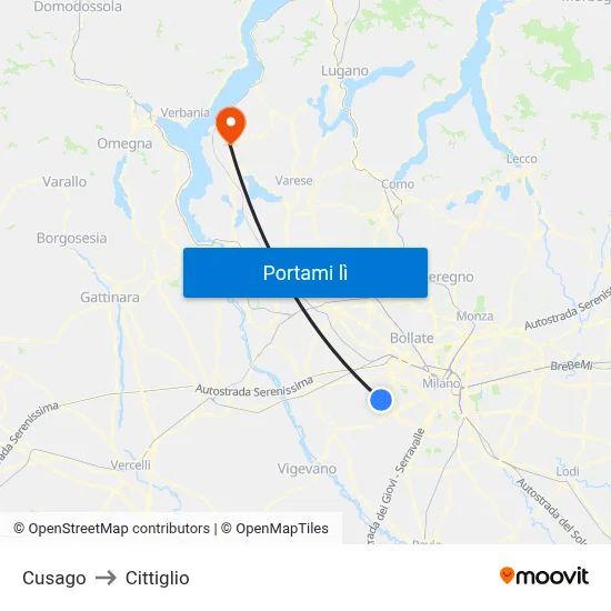 Cusago to Cittiglio map