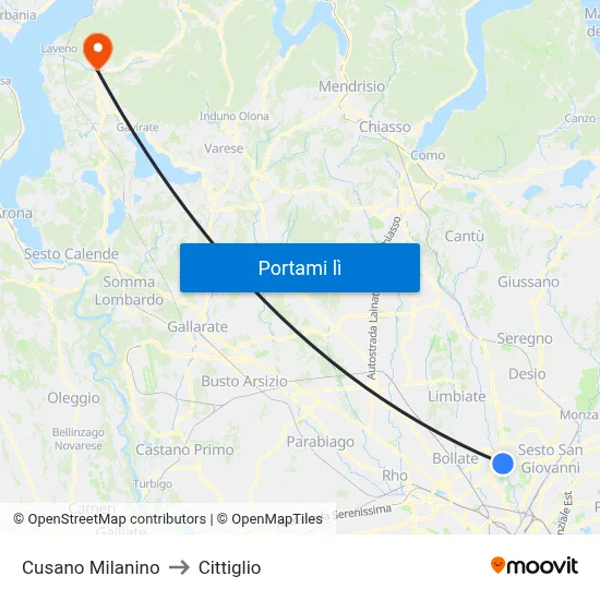 Cusano Milanino to Cittiglio map