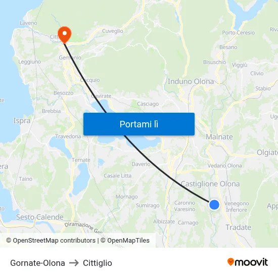 Gornate-Olona to Cittiglio map