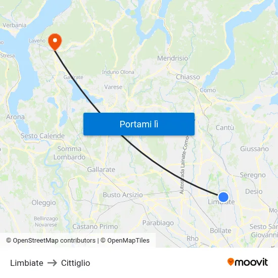 Limbiate to Cittiglio map