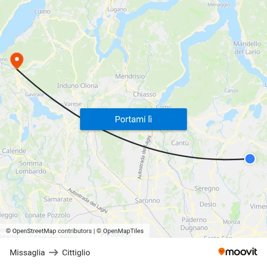 Missaglia to Cittiglio map