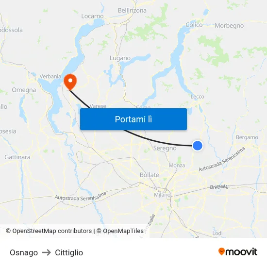 Osnago to Cittiglio map