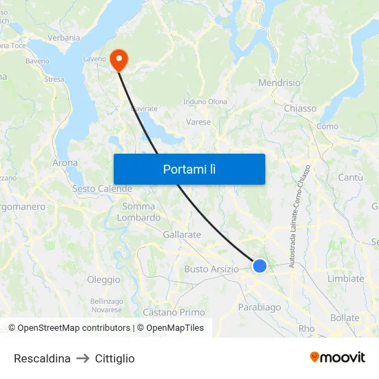 Rescaldina to Cittiglio map
