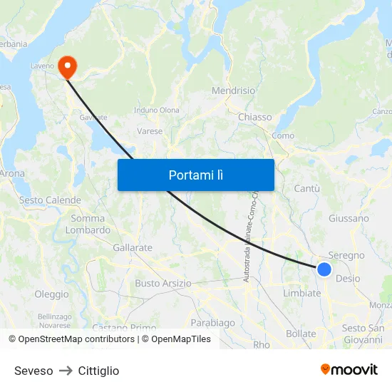 Seveso to Cittiglio map