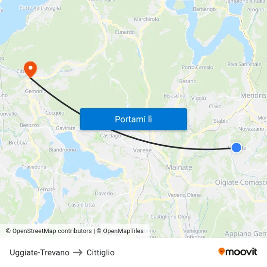 Uggiate-Trevano to Cittiglio map