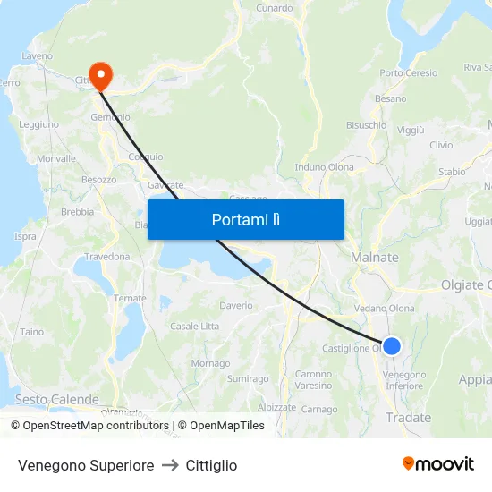 Venegono Superiore to Cittiglio map