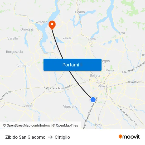 Zibido San Giacomo to Cittiglio map