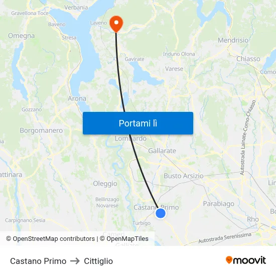 Castano Primo to Cittiglio map