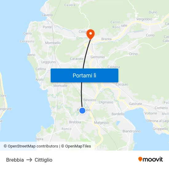 Brebbia to Cittiglio map