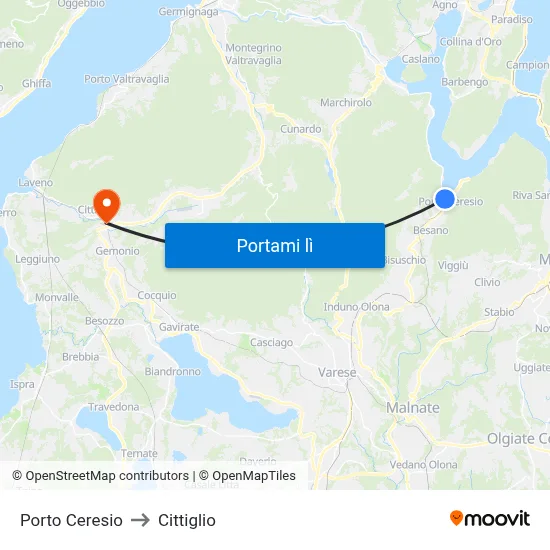 Porto Ceresio to Cittiglio map