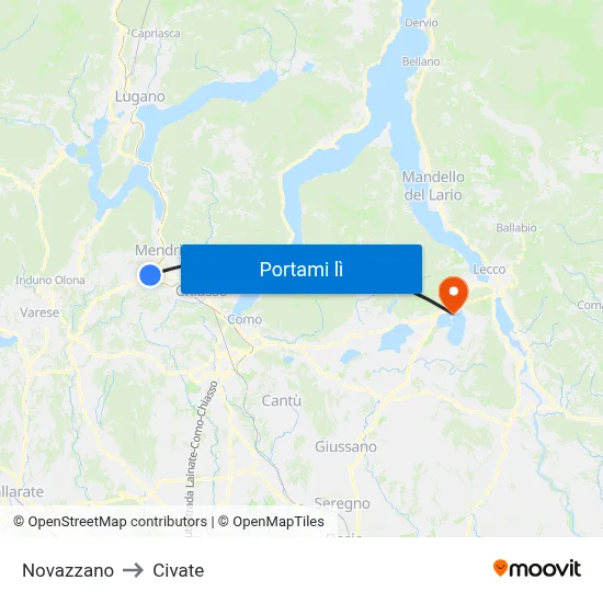 Novazzano to Civate map