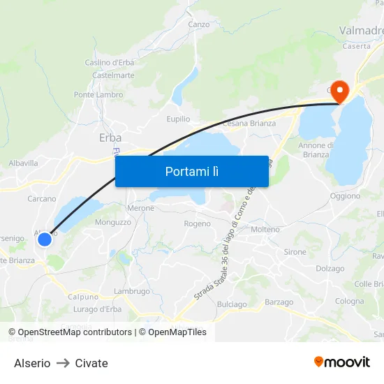 Alserio to Civate map