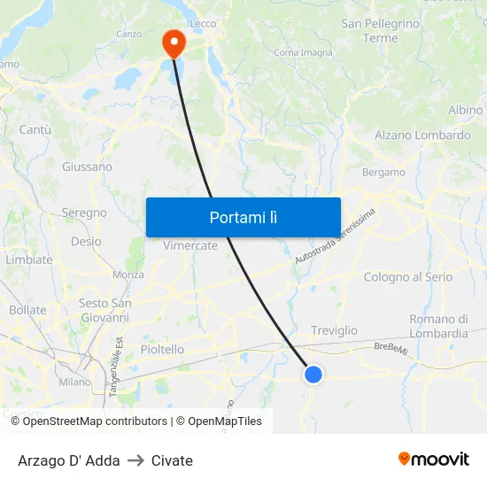 Arzago D' Adda to Civate map