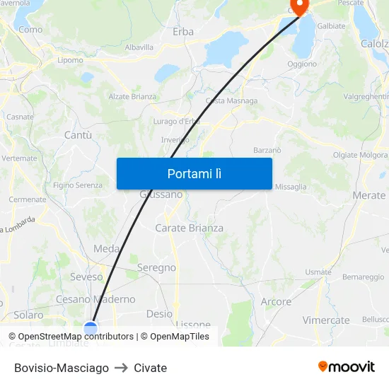 Bovisio-Masciago to Civate map