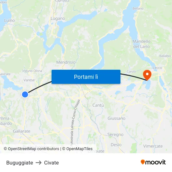 Buguggiate to Civate map