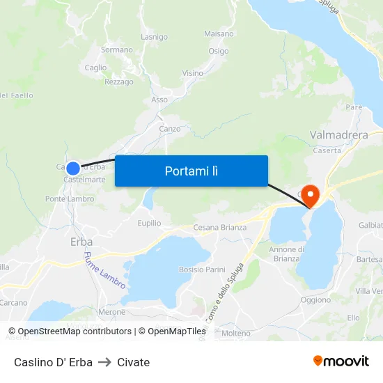 Caslino D' Erba to Civate map