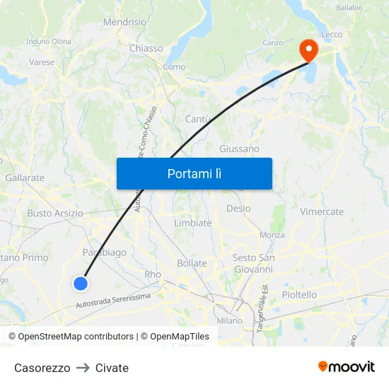 Casorezzo to Civate map