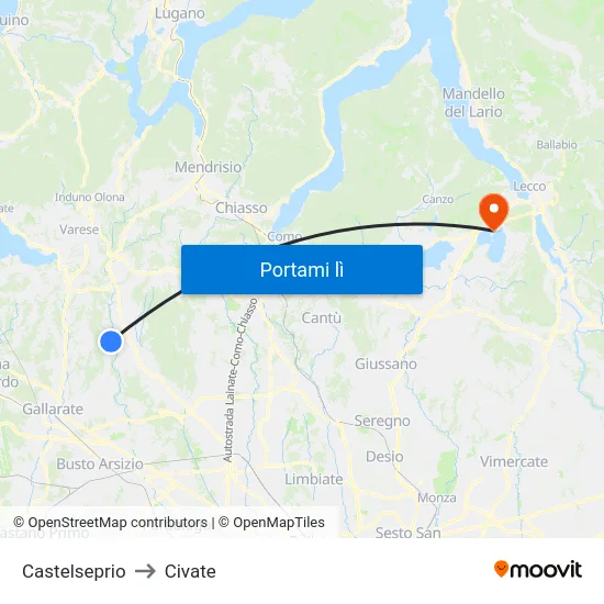 Castelseprio to Civate map