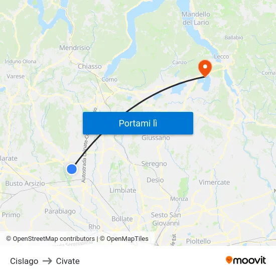 Cislago to Civate map