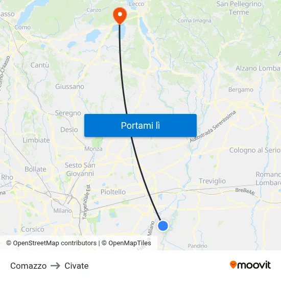 Comazzo to Civate map