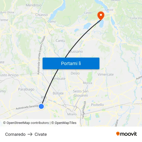 Cornaredo to Civate map