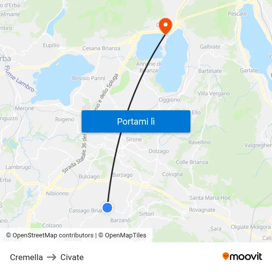 Cremella to Civate map