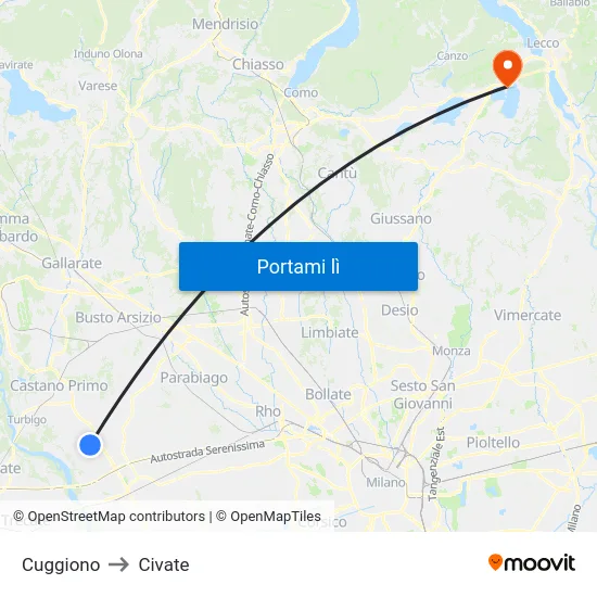 Cuggiono to Civate map