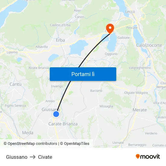 Giussano to Civate map