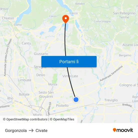 Gorgonzola to Civate map